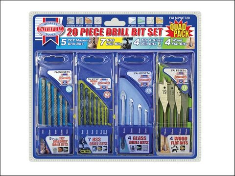 Faithfull Quad Pack Set of 4 Drill Sets, Wood Masonry, Glass & HSS